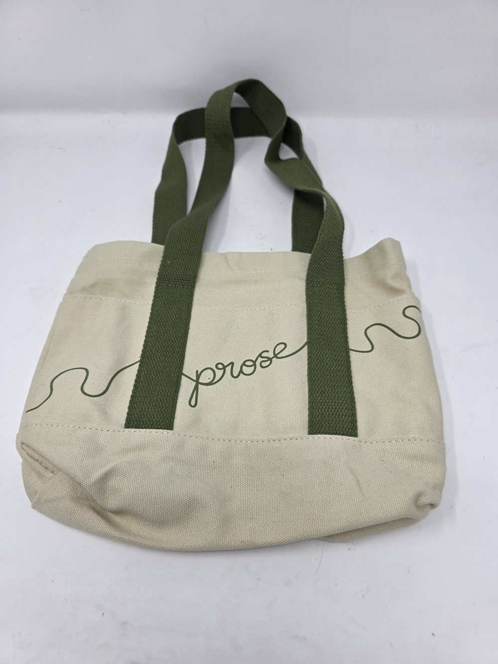 Prose Canvas Mini Tote Bag Cream Olive Green Script Logo Pockets 11x7